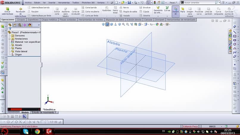 solidworks-ohjelma, joka heijastaa työskentelevän koneen akseleita