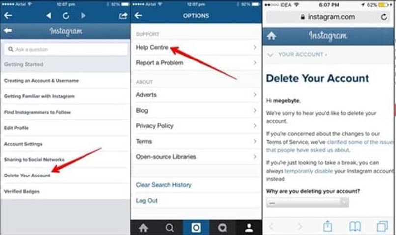opciones borrar cuenta instagram