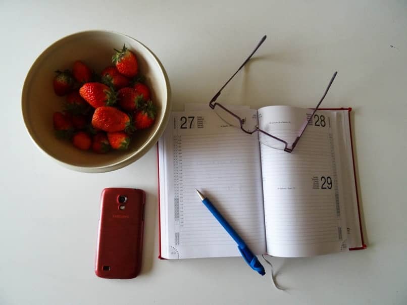 agenda taza fresas lentes celular boligrafo fondo blanco