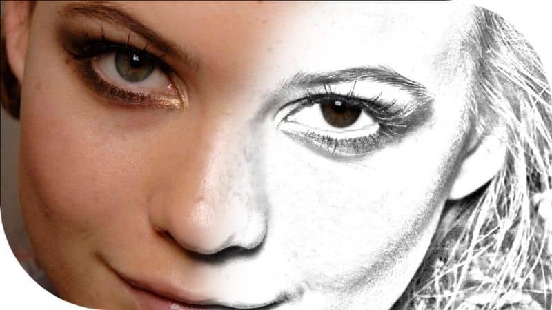 foto de mujer convertida a dibujo a medias con gimp